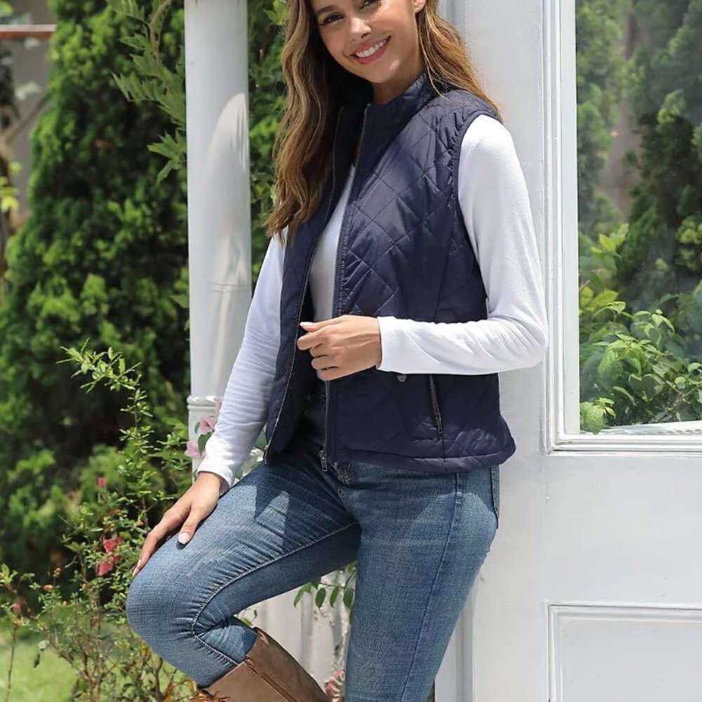 Allegra K Navy Blue Quilted Front Zip Vest Sz S